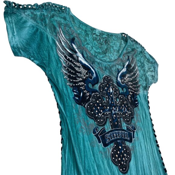 Sinful By Affliction Womens S Lace Tee Distressed Studded Wing Graphic Turquoise - Picture 8 of 16